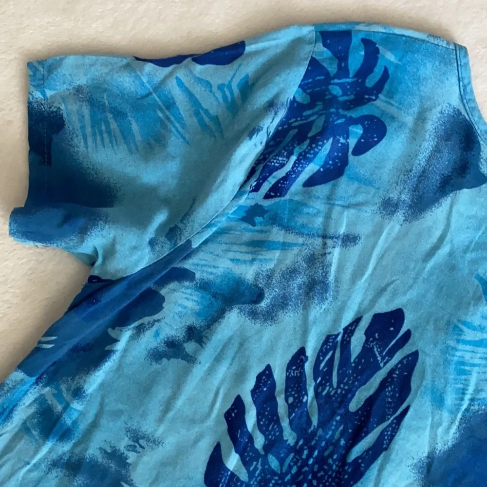 {VTG} Desert Shores | Tropical Palm Tree Leaf Print Short Sleeve Midi Dress Blue - Picture 11 of 15